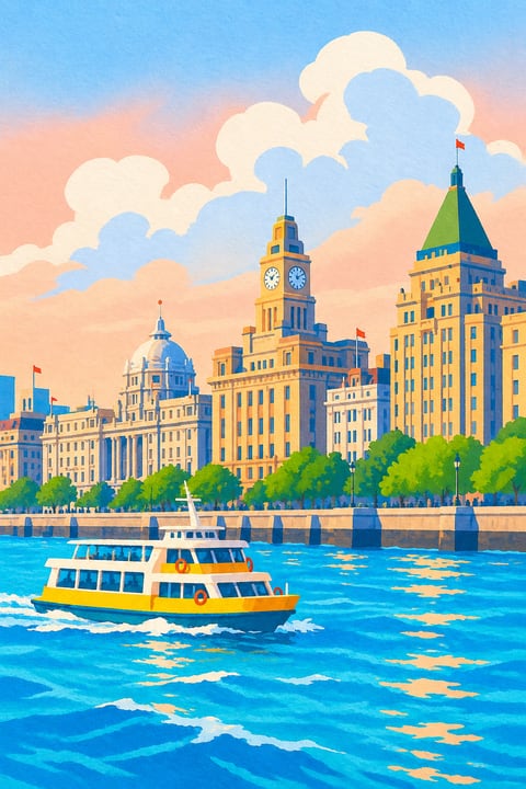 浦江渡轮穿过蓝色水面，外滩历史建筑沿岸展开。