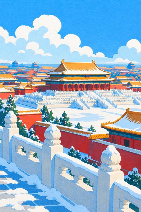 金色宫殿屋顶与朱红院墙，在冬日积雪中格外鲜明。