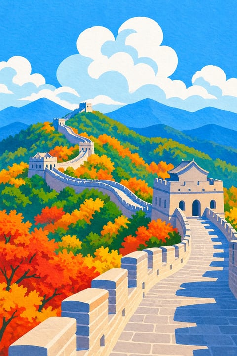 石砌城墙沿山脊蜿蜒，秋叶与远山层层展开。