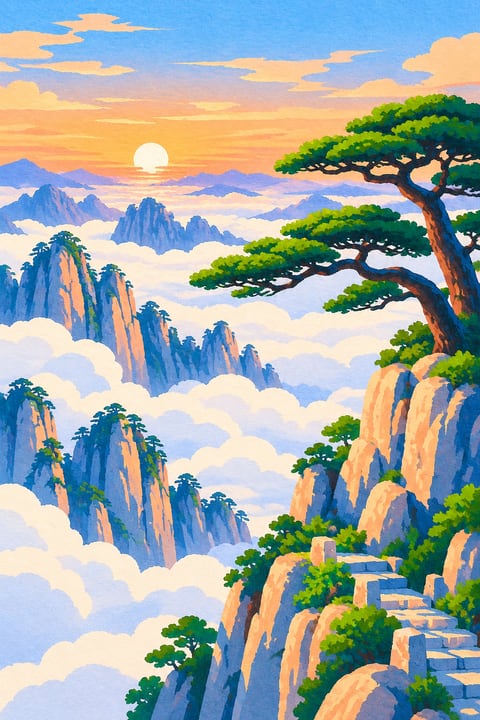 花岗岩峰与迎客松立于云海之上，晨光点亮山石。