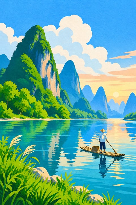 竹筏与倒影穿行于峰林之间，呈现漓江的山水轮廓。