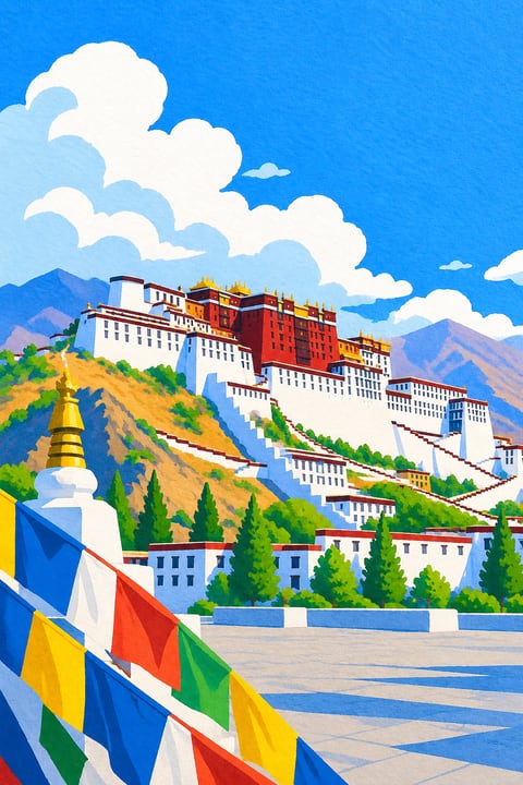 红白宫墙依山层叠，金色屋顶映衬高原的湛蓝天空。