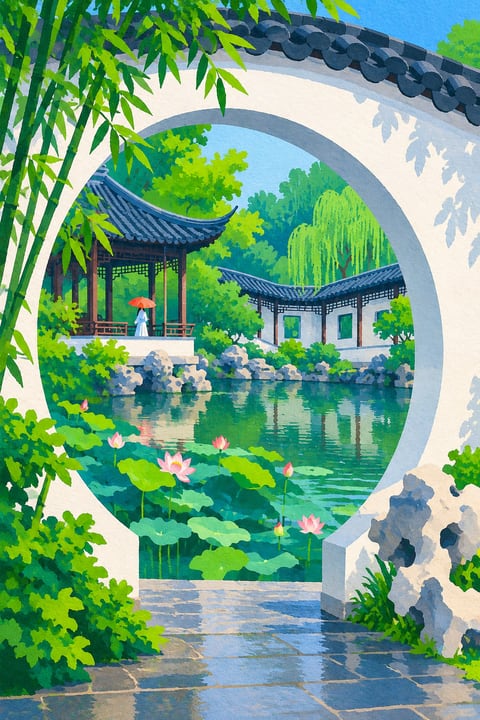 白墙、月洞门与荷池，描绘江南园林的曲折空间。