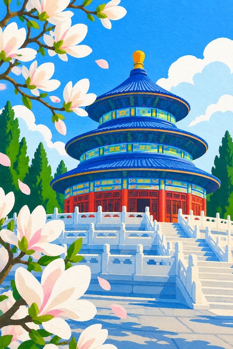 祈年殿的三重蓝瓦屋顶，映衬春日玉兰与白石台基。