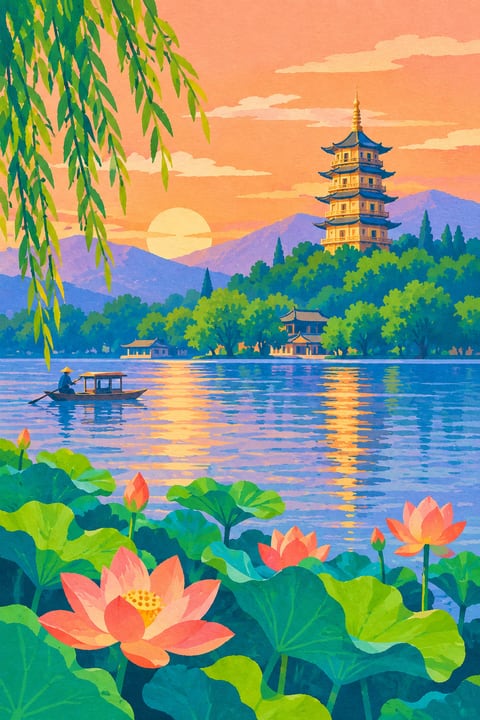 暮色中的雷峰塔、湖面倒影与荷叶，构成柔和的湖景。