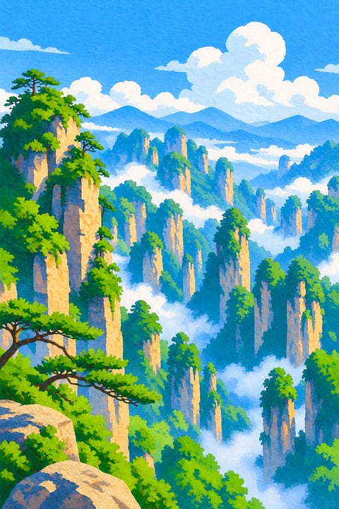 细长砂岩峰柱从绿色峡谷中拔起，云雾沿谷地流动。