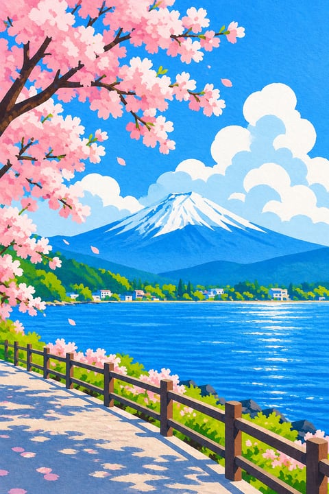从湖畔望向富士山，春日樱花与蓝色湖水相映。