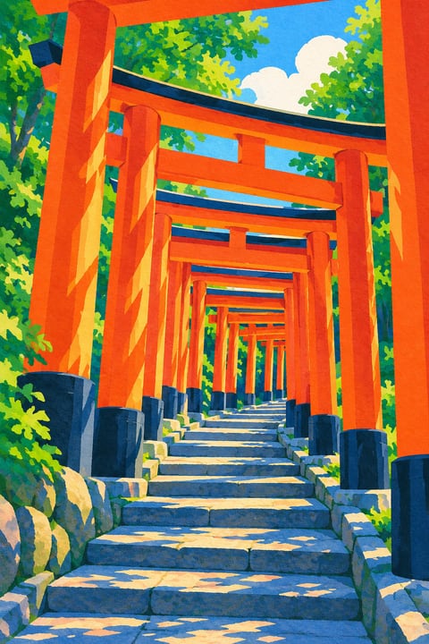 朱红鸟居沿石阶层层延伸，浓绿山林包围参道。