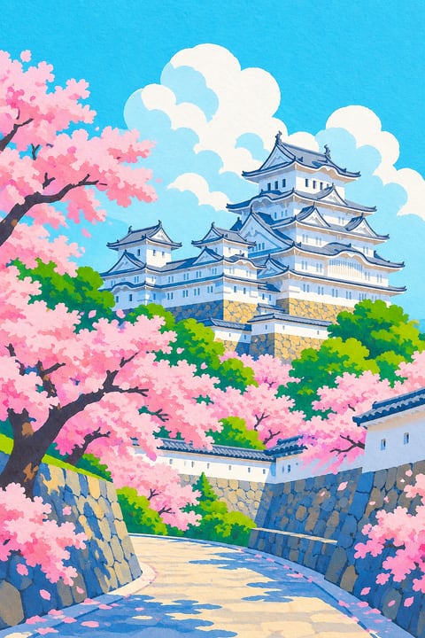 洁白城楼与重叠屋檐，在春樱和清朗天空之间展开。