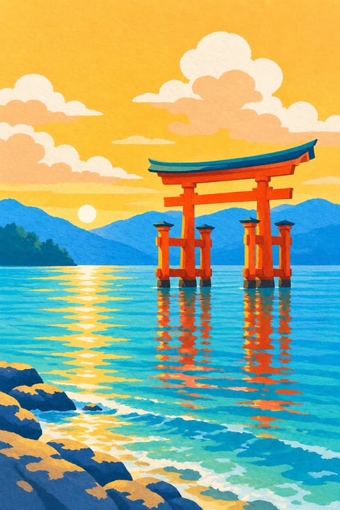 涨潮时的朱红大鸟居立在海中，远处山岛连成蓝色轮廓。