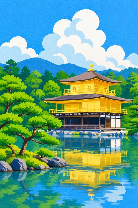 金色楼阁映在镜湖池中，松树与小岛环绕水面。