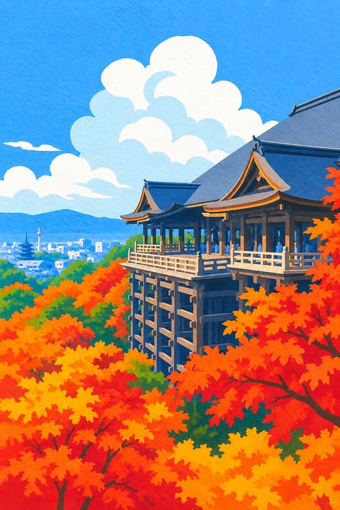 高大的木造舞台伸出秋色山林，远处是京都城景。