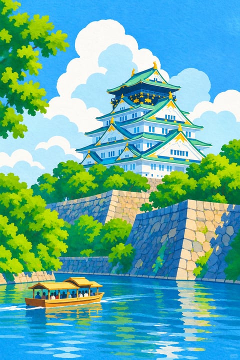 青绿色屋顶与金色细节的大阪城，矗立在护城河上方。