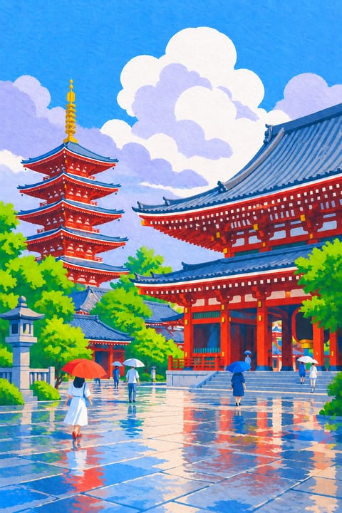 浅草寺的朱红殿堂与五重塔，在雨后街石上留下倒影。
