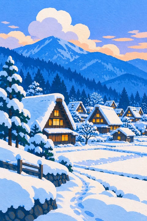 积雪盖住陡峭的合掌屋顶，暖色窗灯点亮冬日村落。