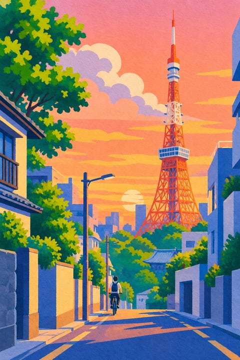 橙白相间的铁塔穿过城市屋顶，黄昏将街道染成暖色。