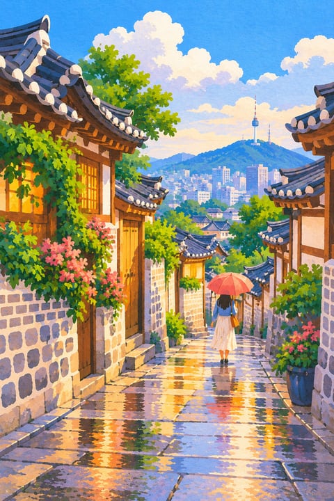 雨后石巷在灰瓦韩屋之间延伸，暖色窗光映着湿润路面。