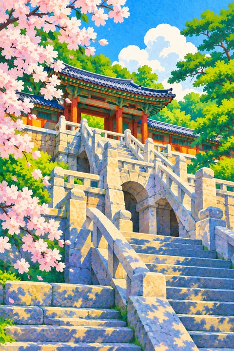宽阔石阶托起韩式殿宇，春樱在古寺边缘轻轻盛开。