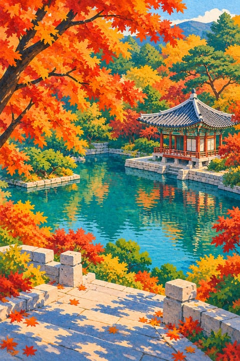后苑池水映着亭阁与层叠秋叶，石阶穿过静谧园林。